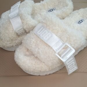UGG White Fluffy Sandals with Adjustable Strap